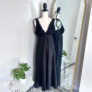 90s Black Elegant Satin Nightgown Dress With Patel Bodice Detail